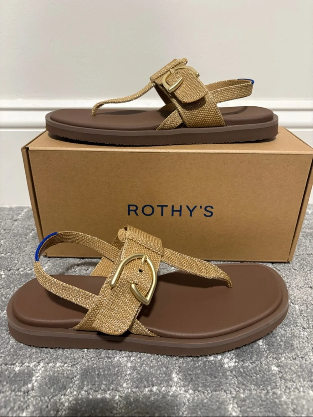 Rothy's Women’s Brown & Tan Slingback Thong Sandals with Gold Buckle